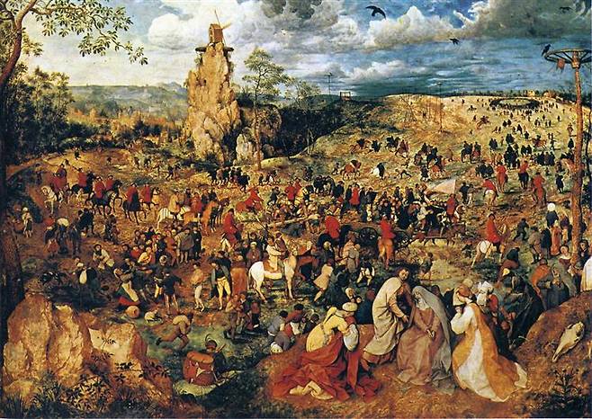 플랑드르의 화가 피터르 브뤼헐(1525~69)의 1564년 작 ’십자가를 지고 가는 그리스도‘. 그림 가운데 십자가를 짊어진 예수가 보인다.